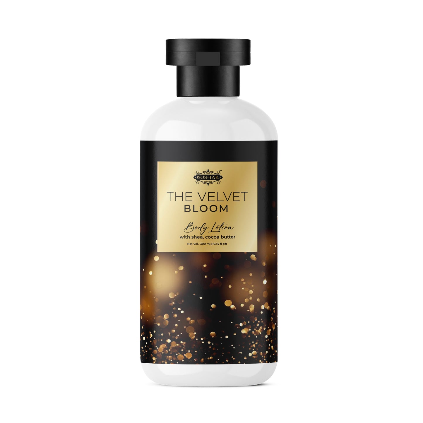 Costak Bottle of 'The Velvet Bloom' body lotion with a black and gold label on a white background