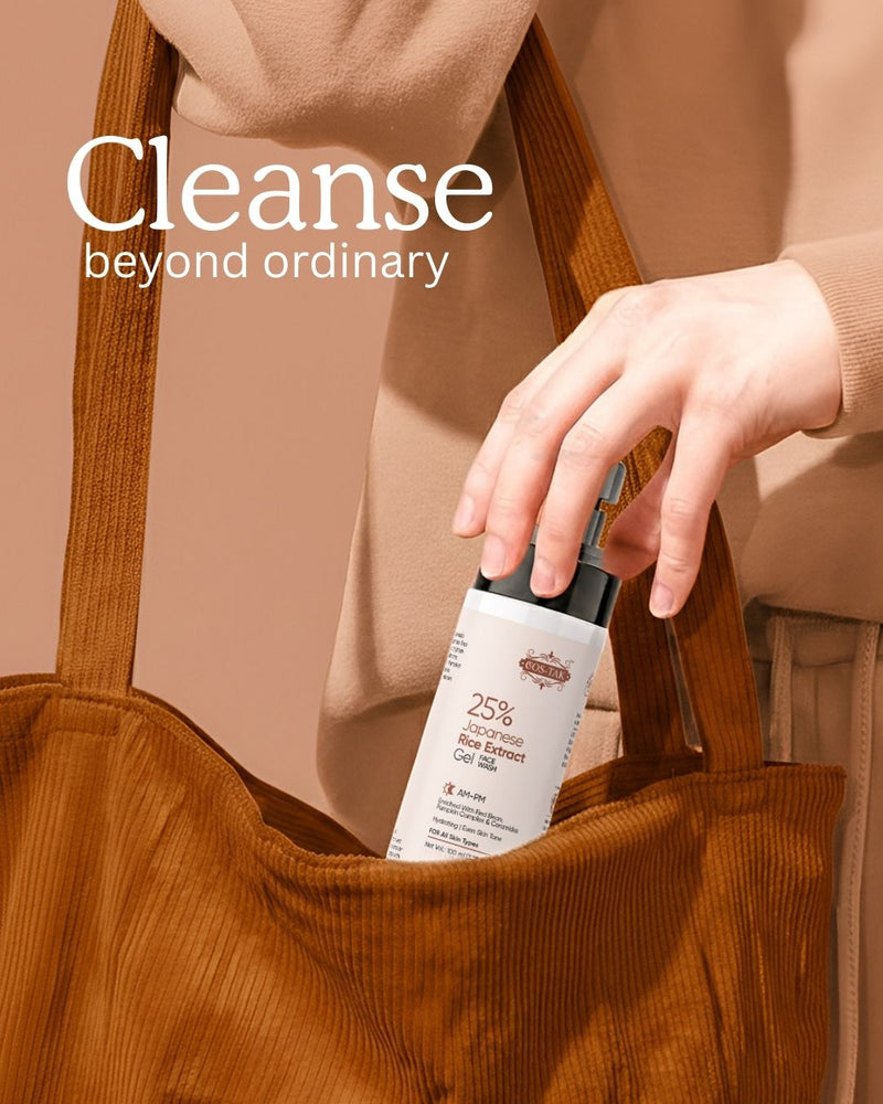 Costak Person placing a skincare bottle into a brown bag with 'Cleanse beyond ordinary' text.