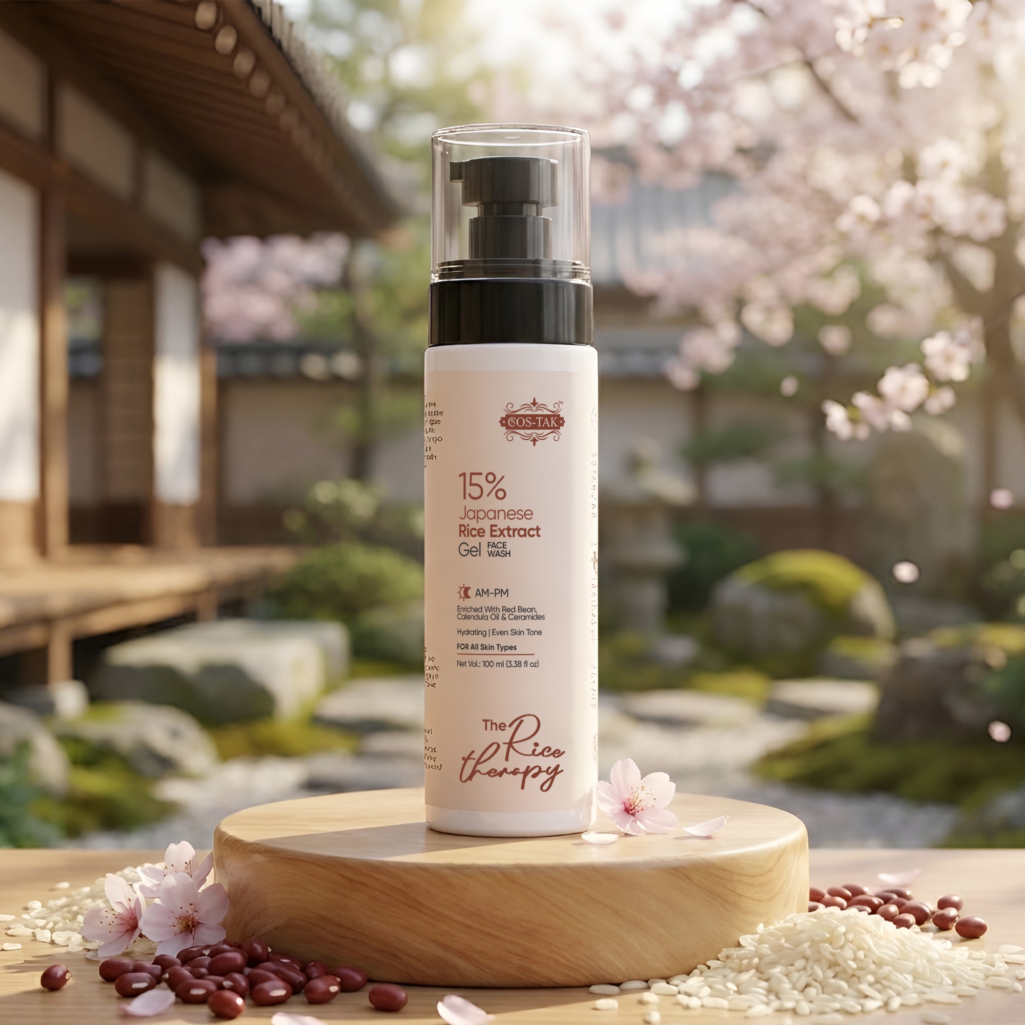 Costak Skincare bottle with rice extract on a wooden platform in a serene outdoor setting