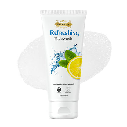 Cos-Tak Refreshing Facewash tube with lemon and mint graphics on a white background