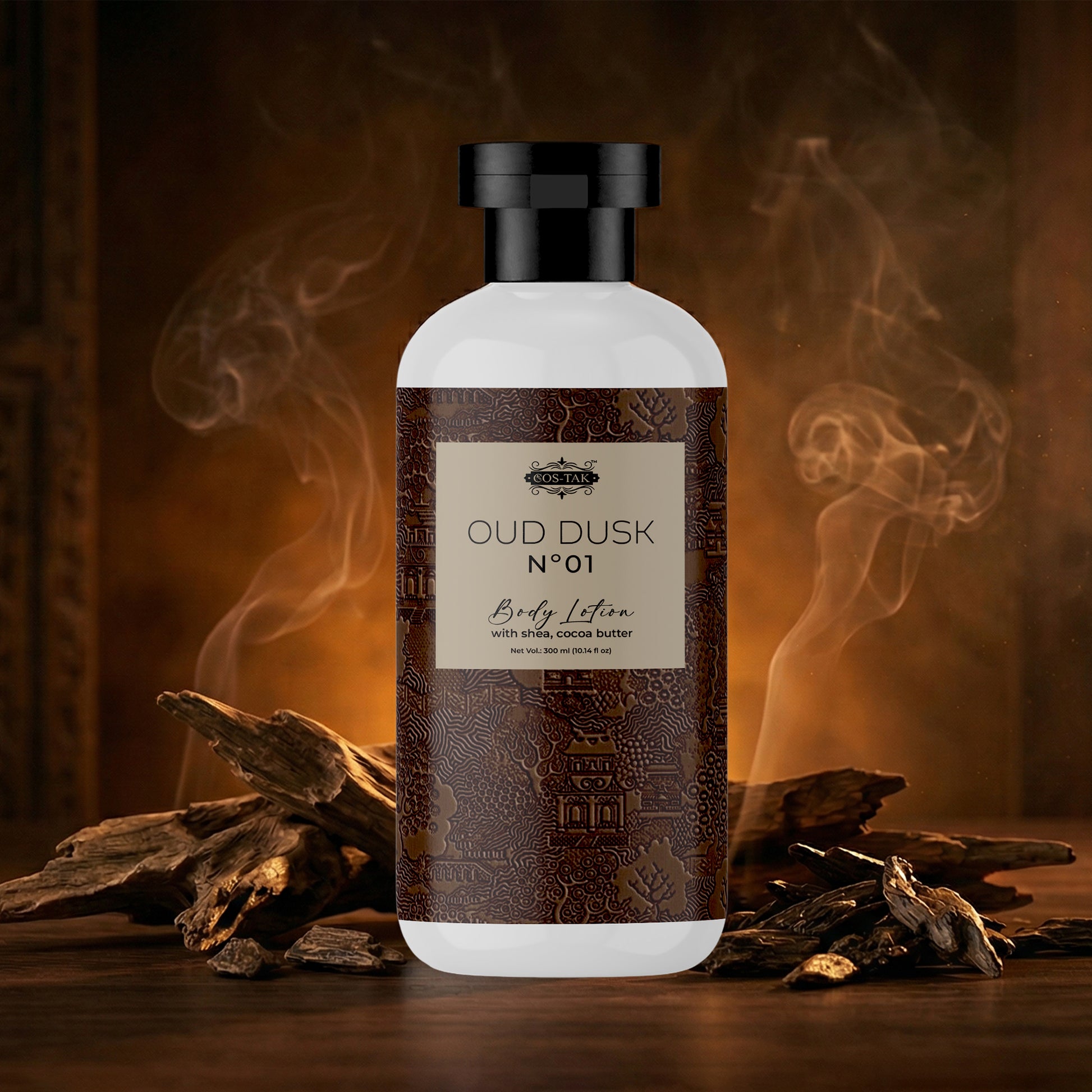 Costak  Body lotion bottle labeled 'Oud Dusk No.01' with smoke and wood elements in the background