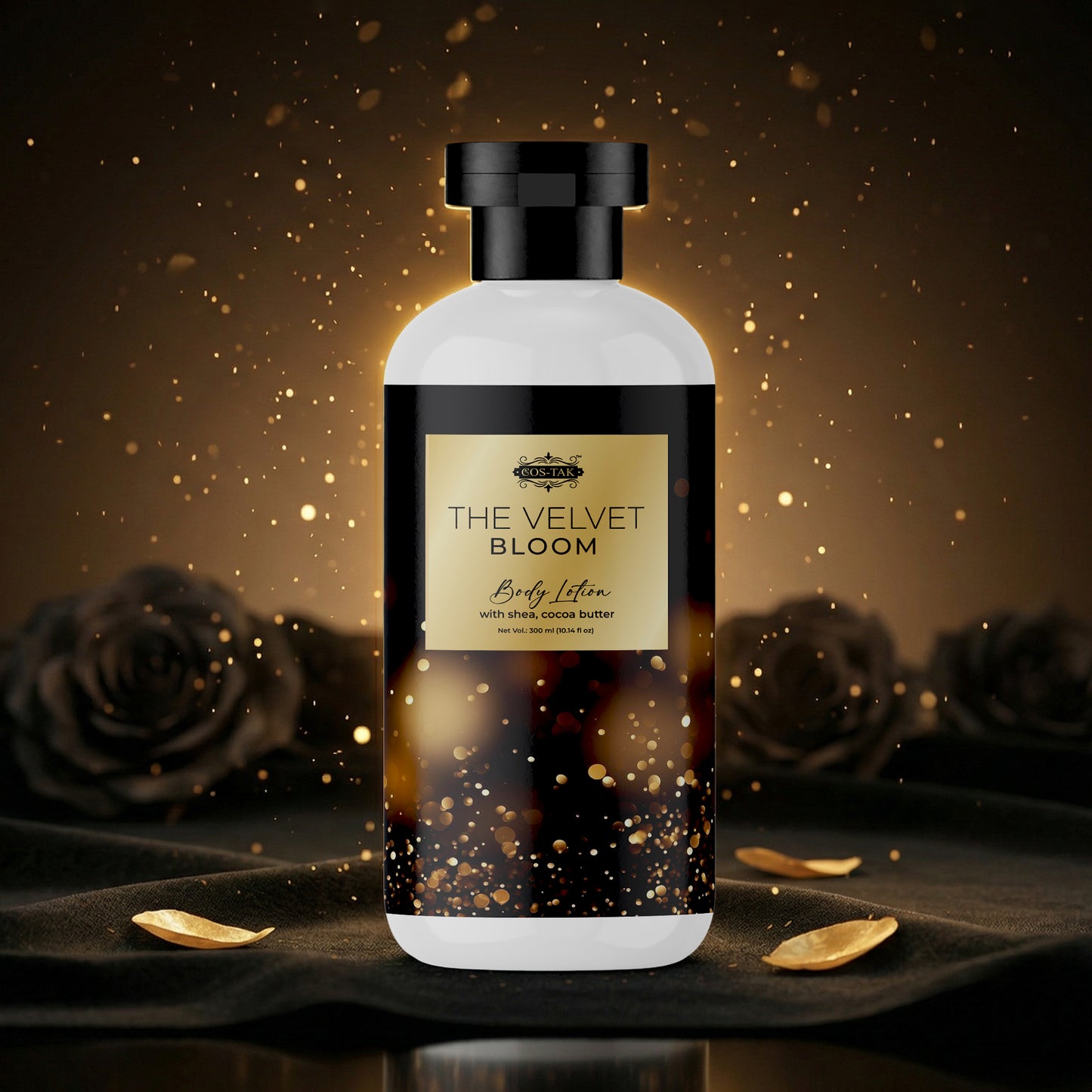 Costak Body lotion bottle labeled 'The Velvet Bloom' with roses in the background