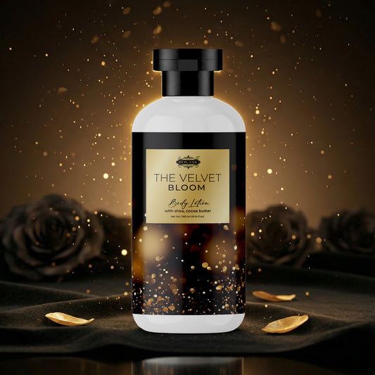 Costak Body lotion bottle labeled 'The Velvet Bloom' with roses in the background