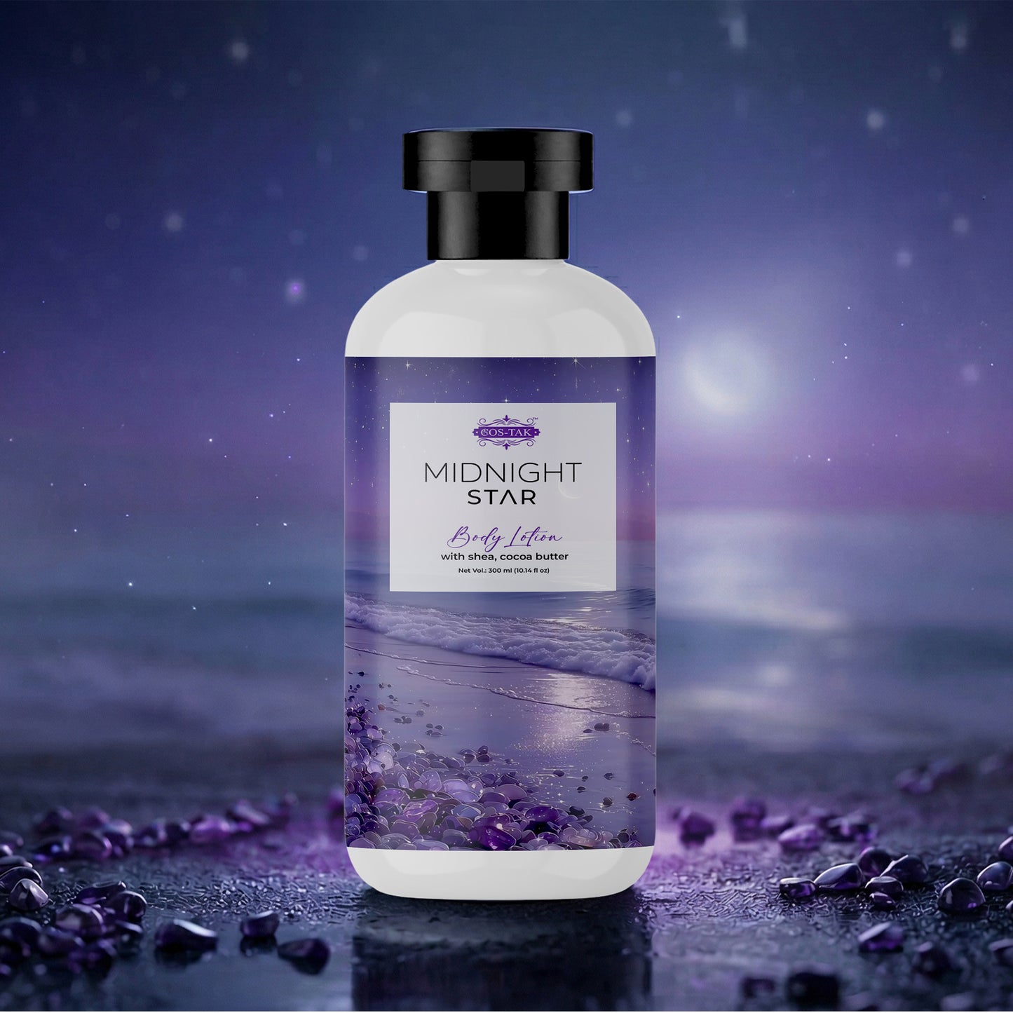 Costak Bottle of 'Midnight Star' body lotion with a starry night sky and lavender flowers in the background.