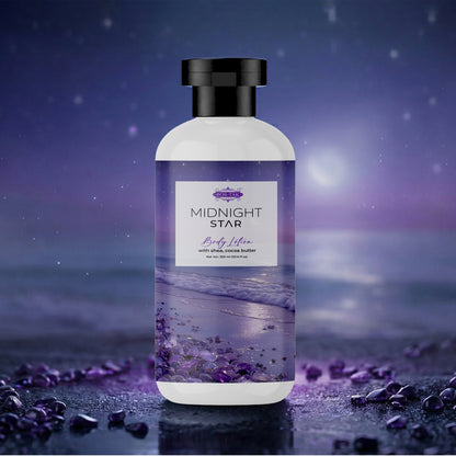 Costak Bottle of 'Midnight Star' body lotion with a starry night sky and lavender flowers in the background.