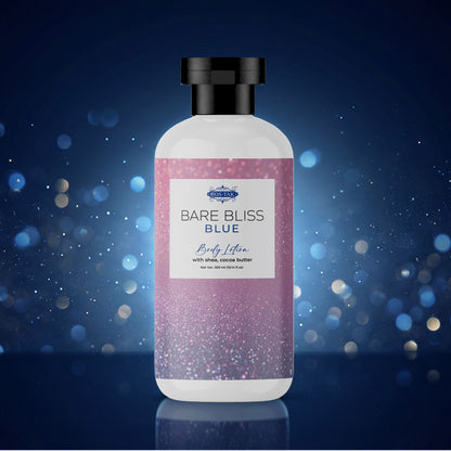 Costak Bottle of 'Bare Bliss Blue' body lotion with a purple label on a blue background with bokeh effect.