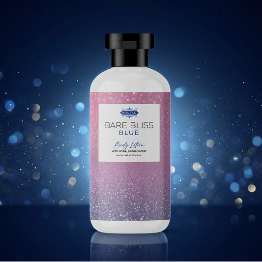Costak Bottle of 'Bare Bliss Blue' body lotion with a purple label on a blue background with bokeh effect.