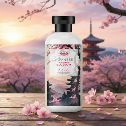 Costak Body lotion bottle with cherry blossom design against a scenic background