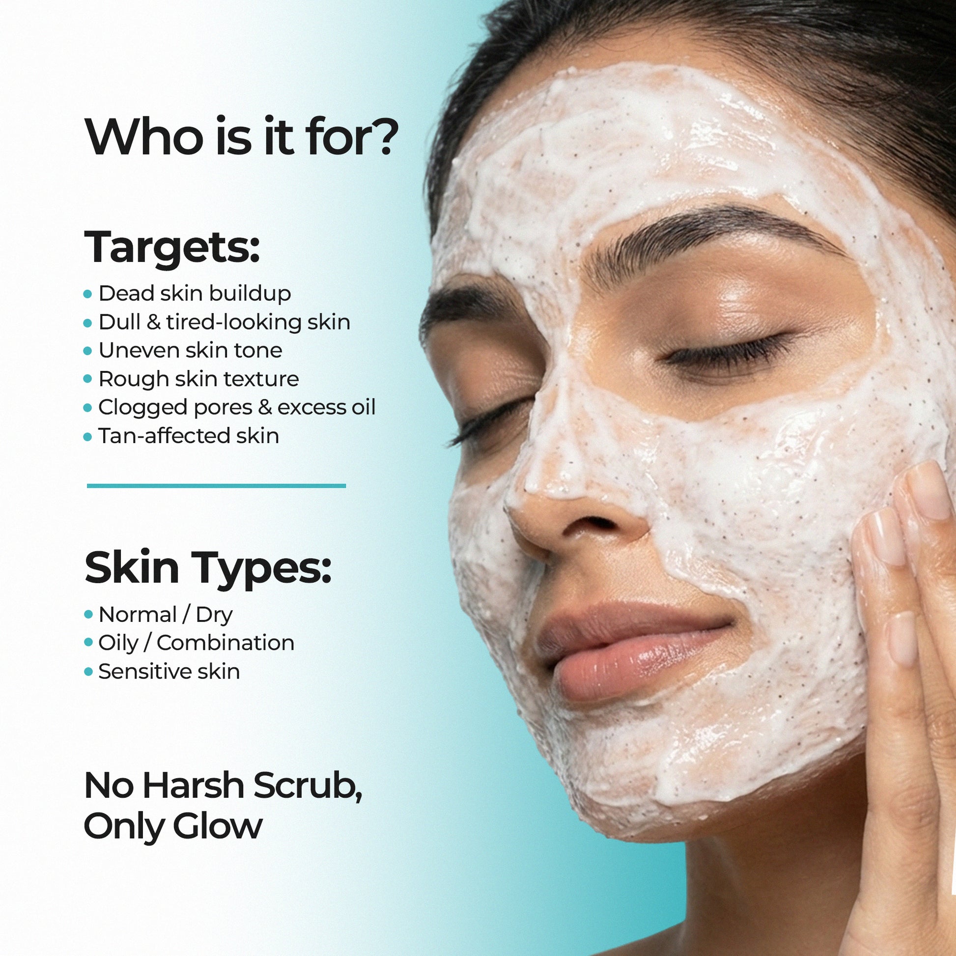 Costak Woman applying facial mask with product features highlighted on a blue background