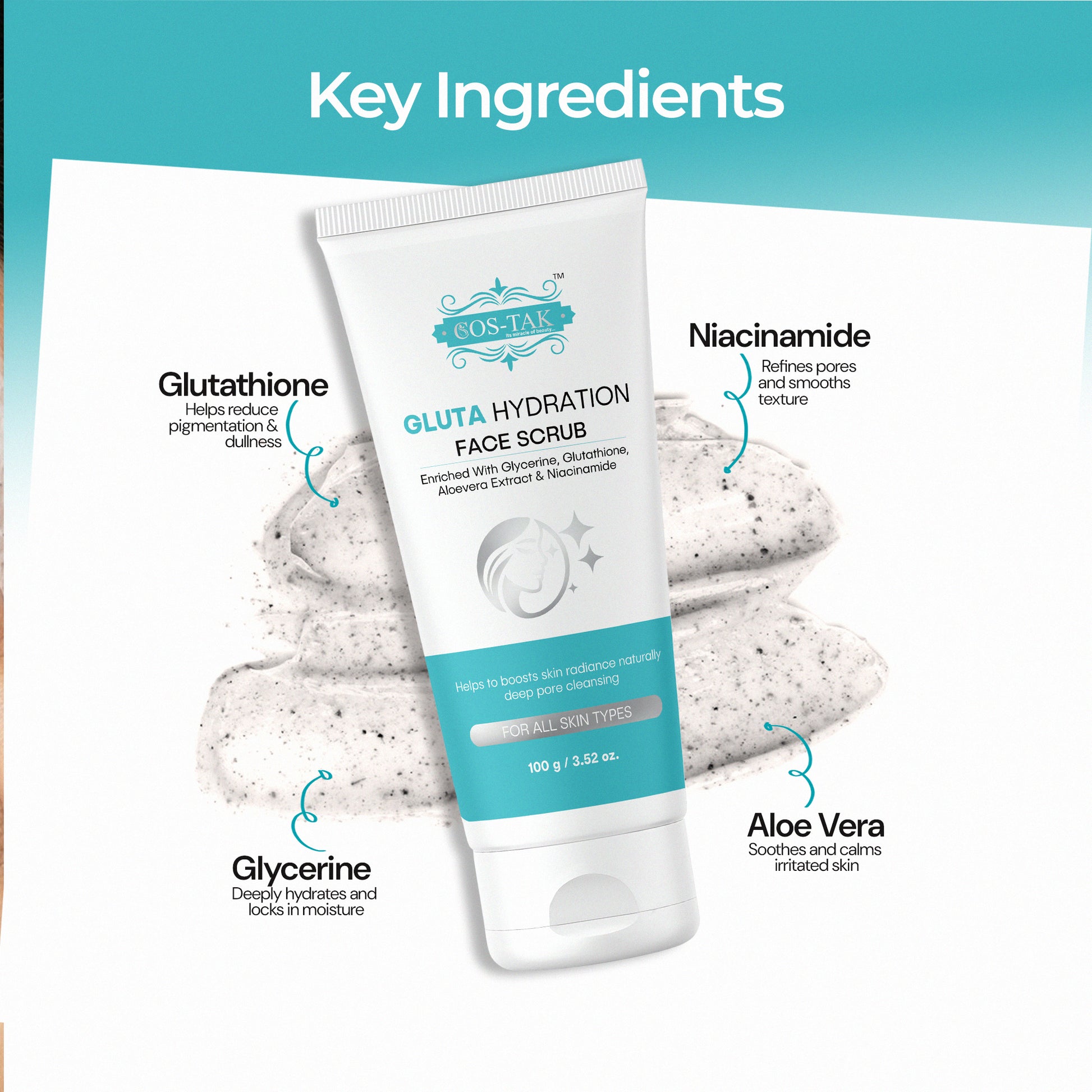 Costak Gluta Hydration Face Scrub with key ingredients listed on a white background
