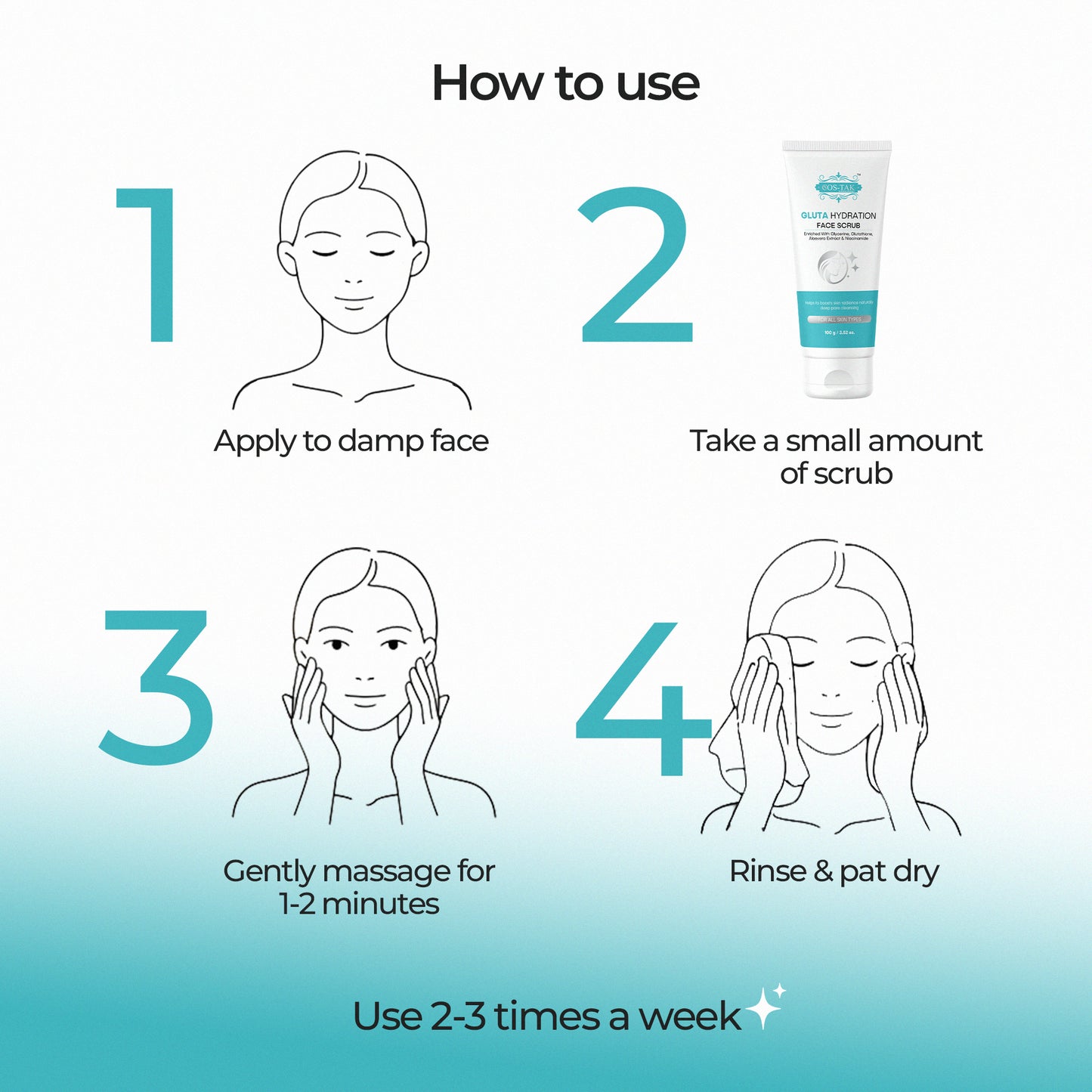 Costak Instructions on how to use a facial scrub with illustrations and text.