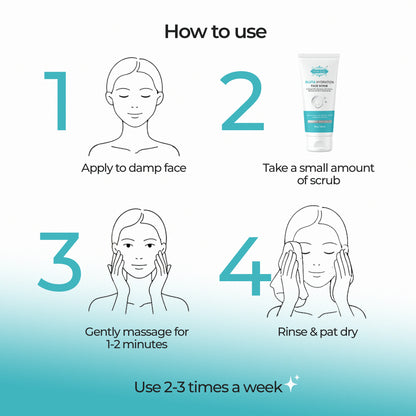 Costak Instructions on how to use a facial scrub with illustrations and text.