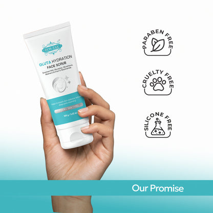 Costak Hand holding a tube of Gluta Hydration Face Scrub with ethical branding icons on a light blue background.