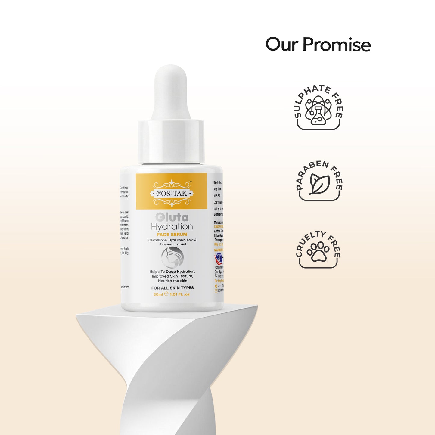 Cos-Tak Gluta Hydration face serum bottle with certification icons on a beige background