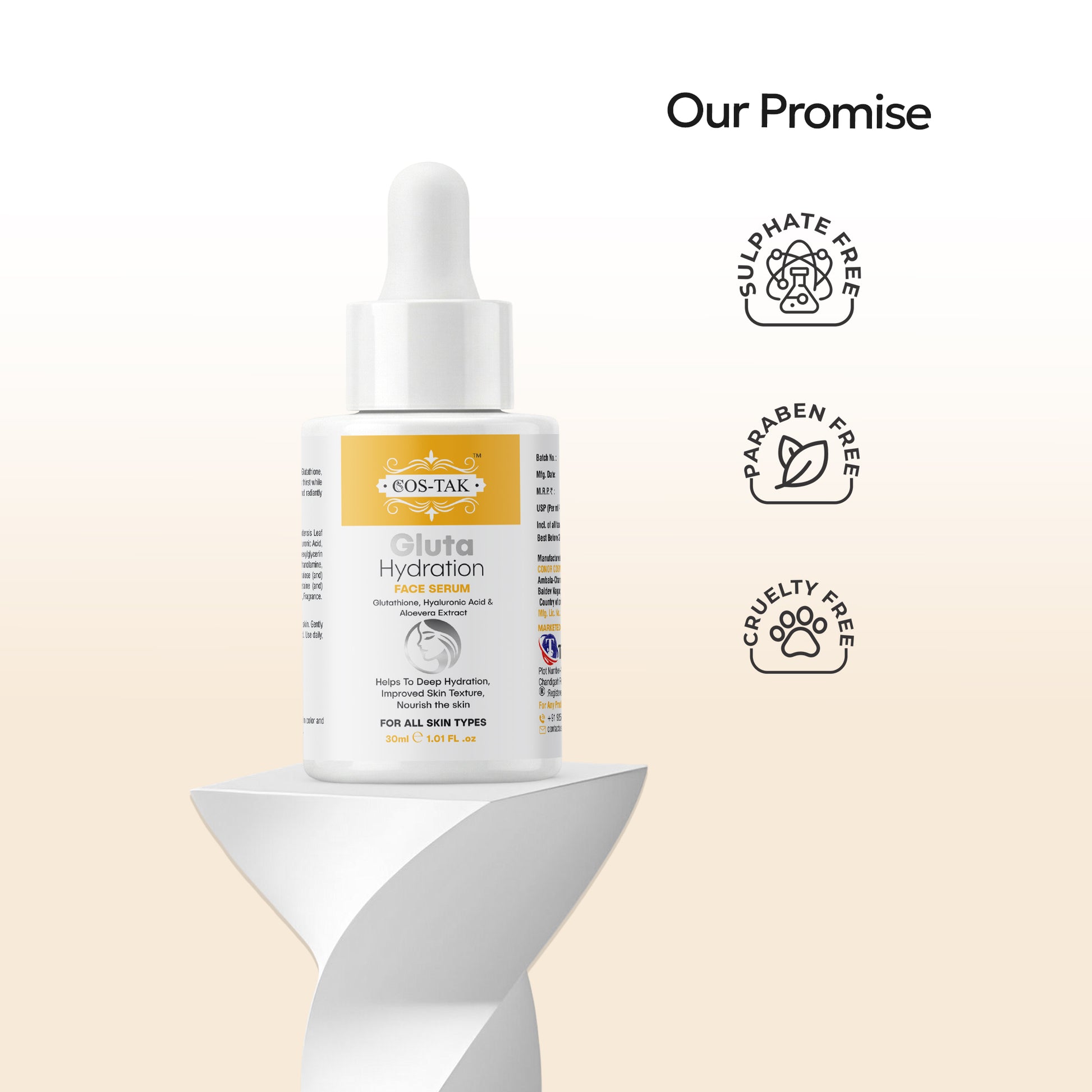 Cos-Tak Gluta Hydration face serum bottle with certification icons on a beige background
