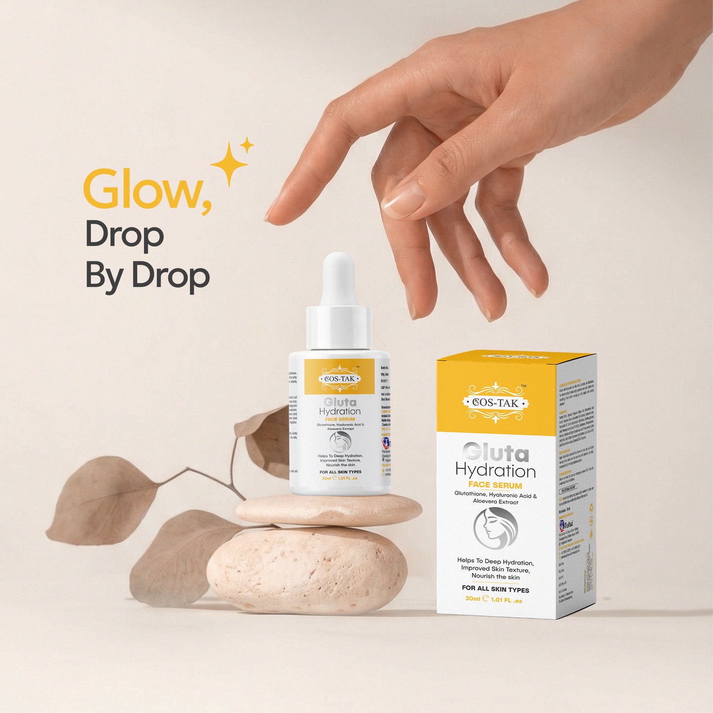 Costak Cosmetic serum bottle and packaging with a hand and decorative elements on a neutral background
