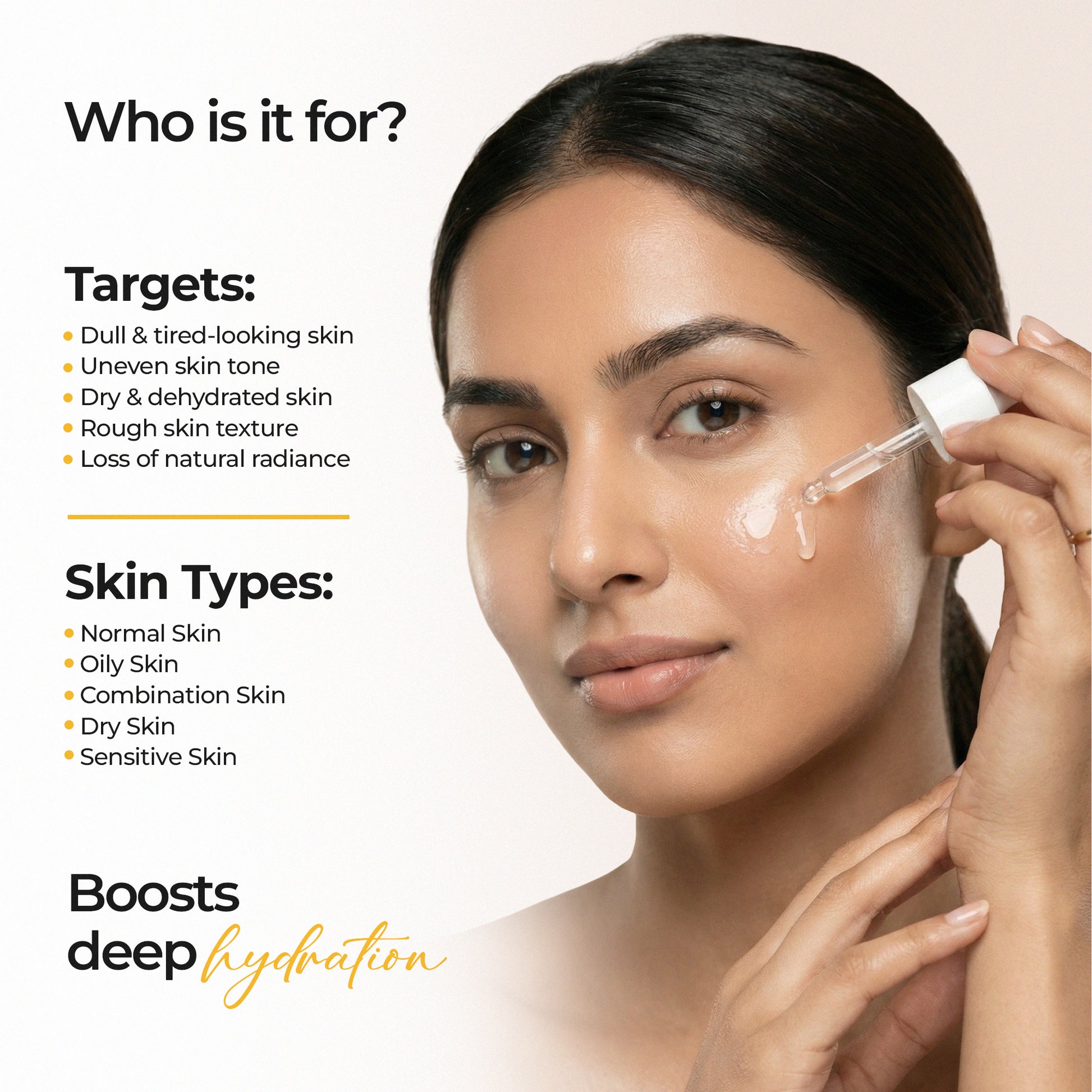 Costak Woman applying skincare product with text about target skin issues and benefits