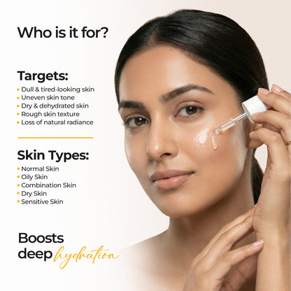 Costak Woman applying skincare product with text about target skin issues and benefits