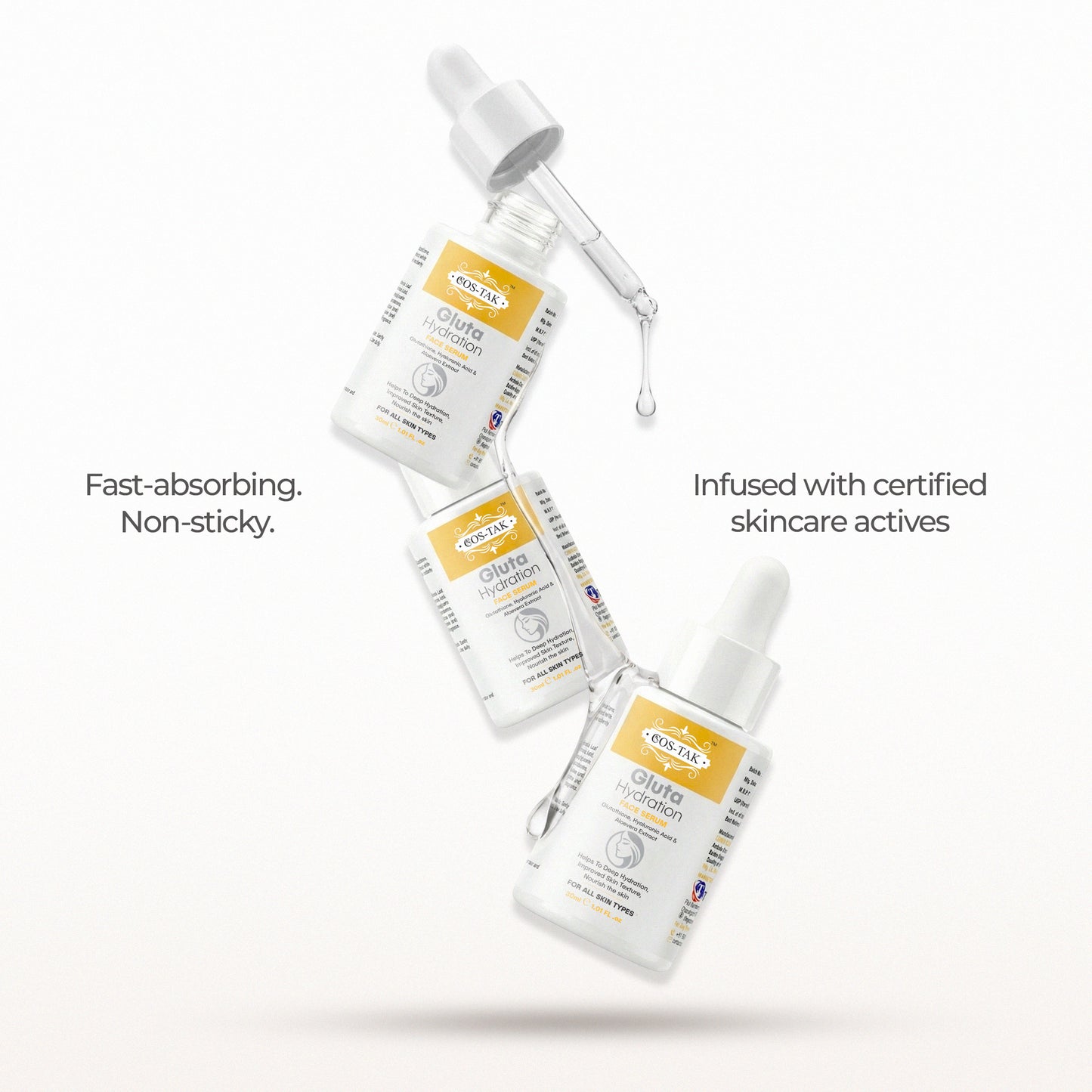 Costak Three skincare serum bottles with dropper on a white background, featuring text about product properties.