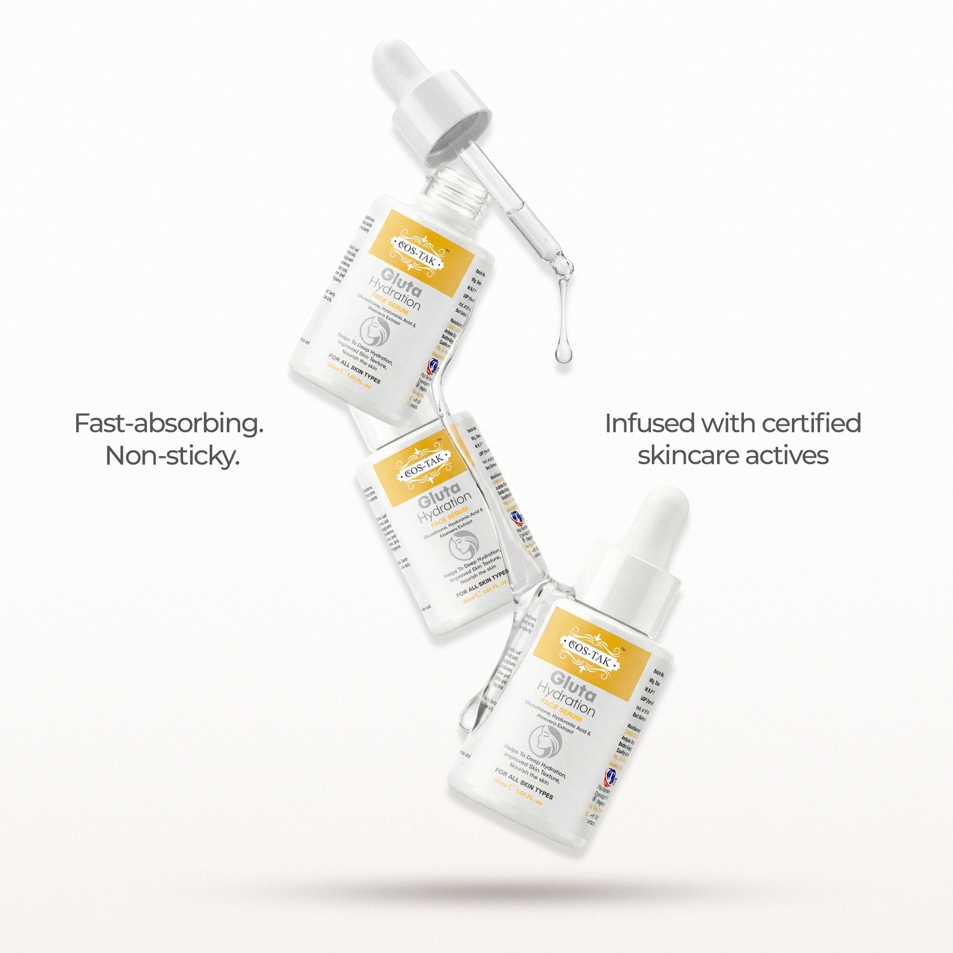 Costak Three skincare serum bottles with dropper on a white background, featuring text about product properties.