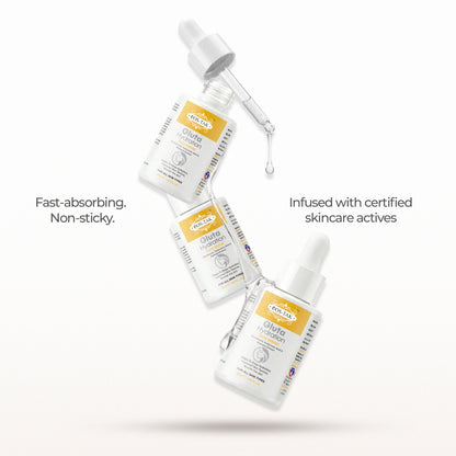 Costak Three skincare serum bottles with dropper on a white background, featuring text about product properties.