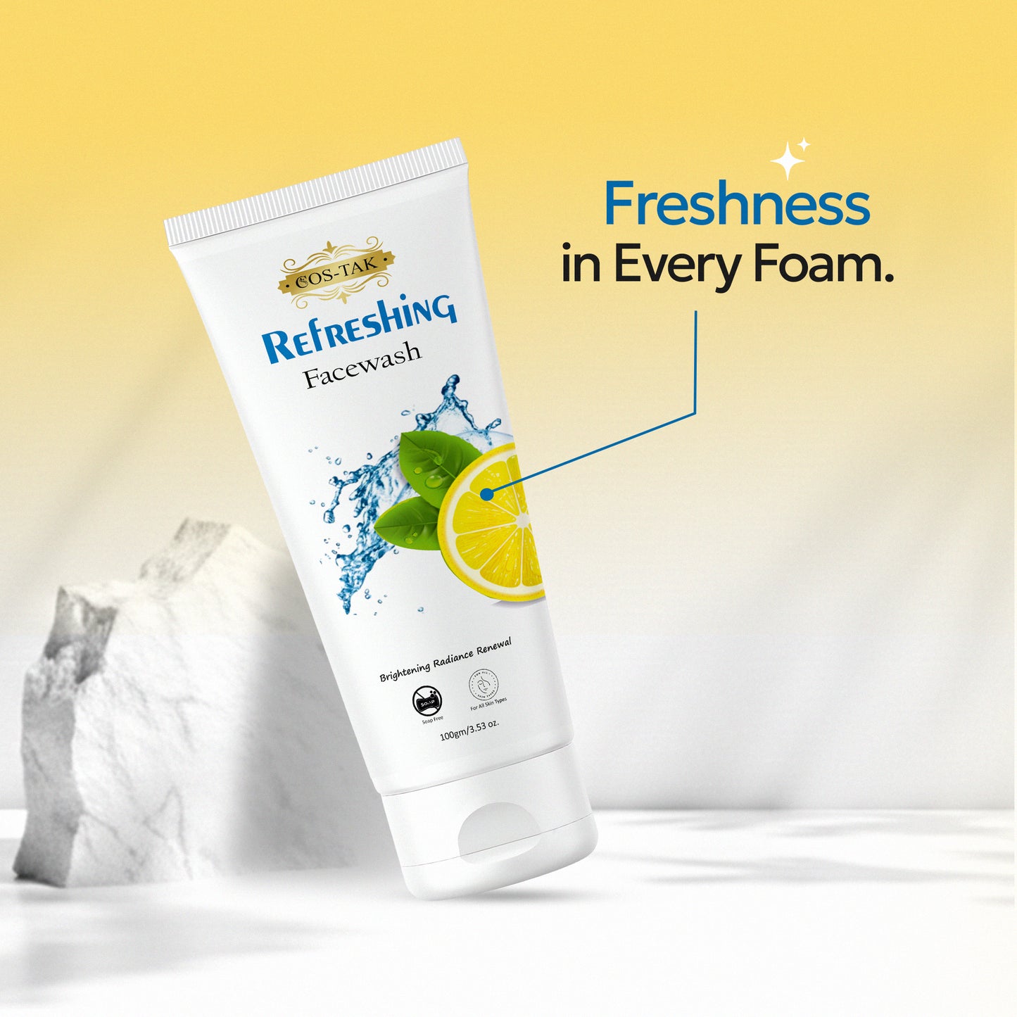 Cos-Tak Refreshing Facewash tube with lemon and mint graphics on a yellow gradient background