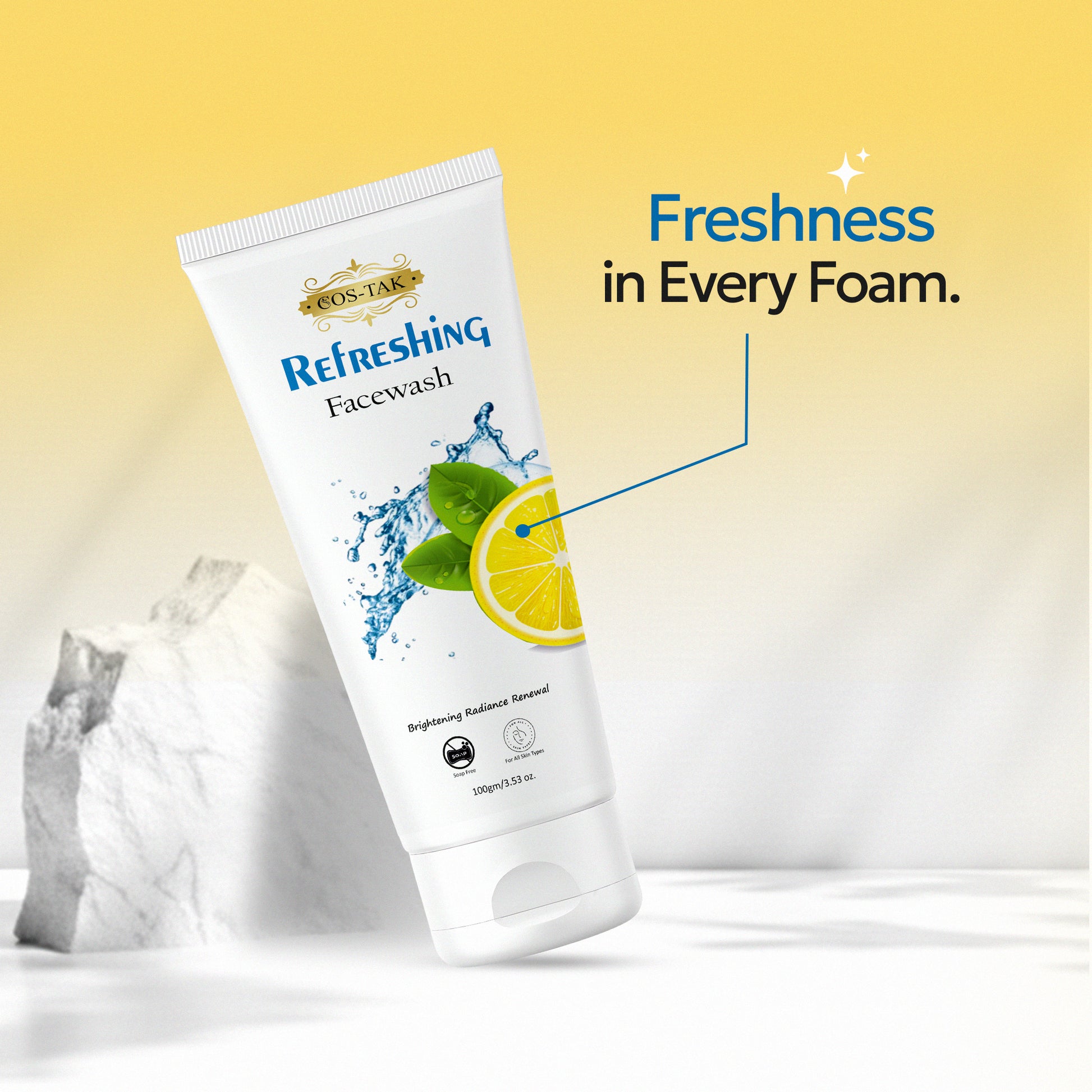 Cos-Tak Refreshing Facewash tube with lemon and mint graphics on a yellow gradient background