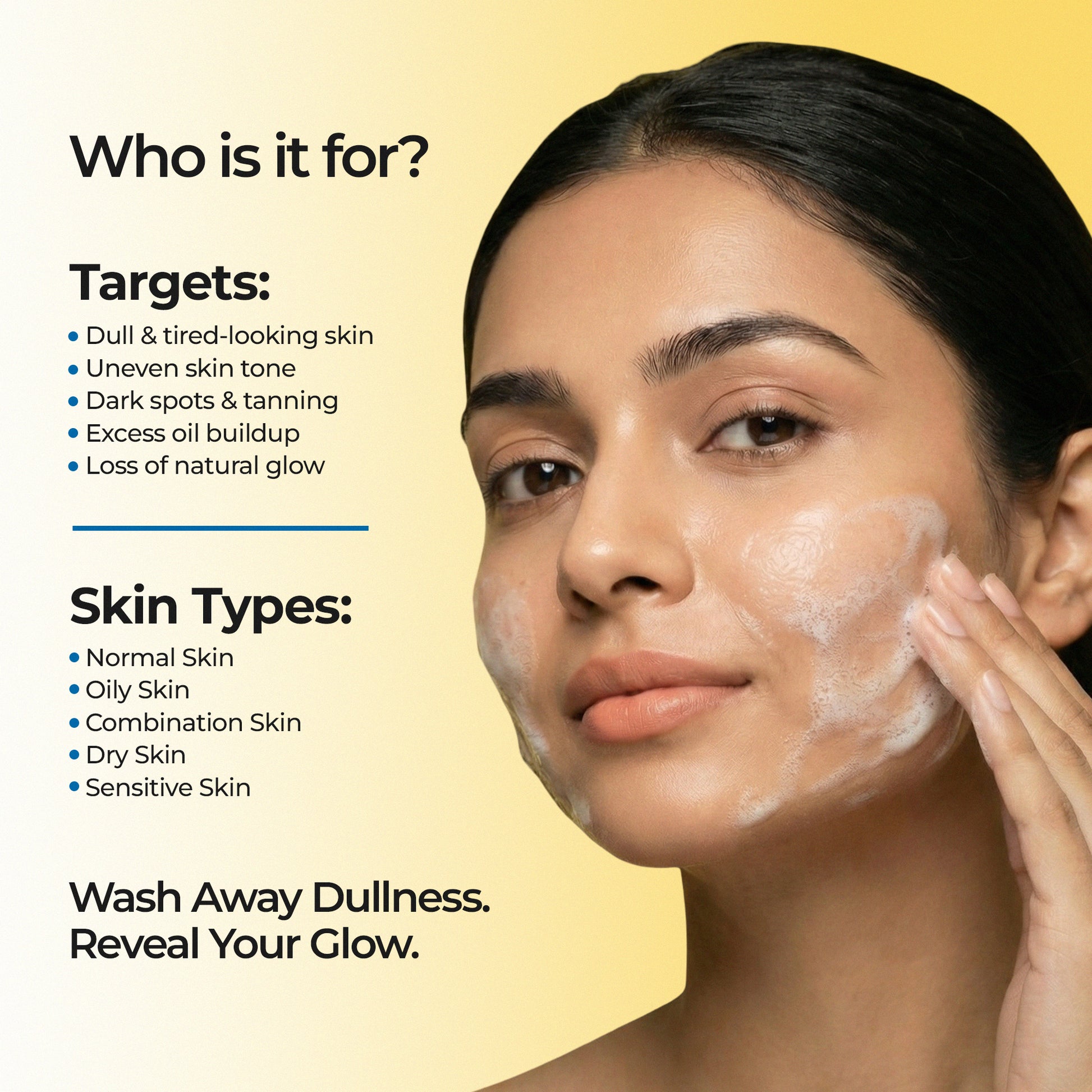 Costak Woman applying a skincare product with text about target skin issues and types on a yellow background