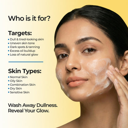 Costak Woman applying a skincare product with text about target skin issues and types on a yellow background