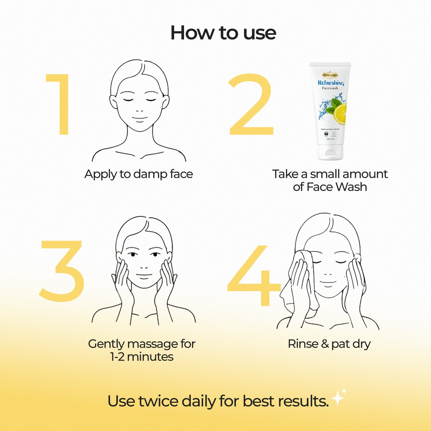 Costak Step-by-step guide on how to use face wash with illustrations and text.