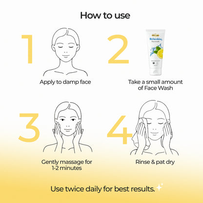 Costak Step-by-step guide on how to use face wash with illustrations and text.