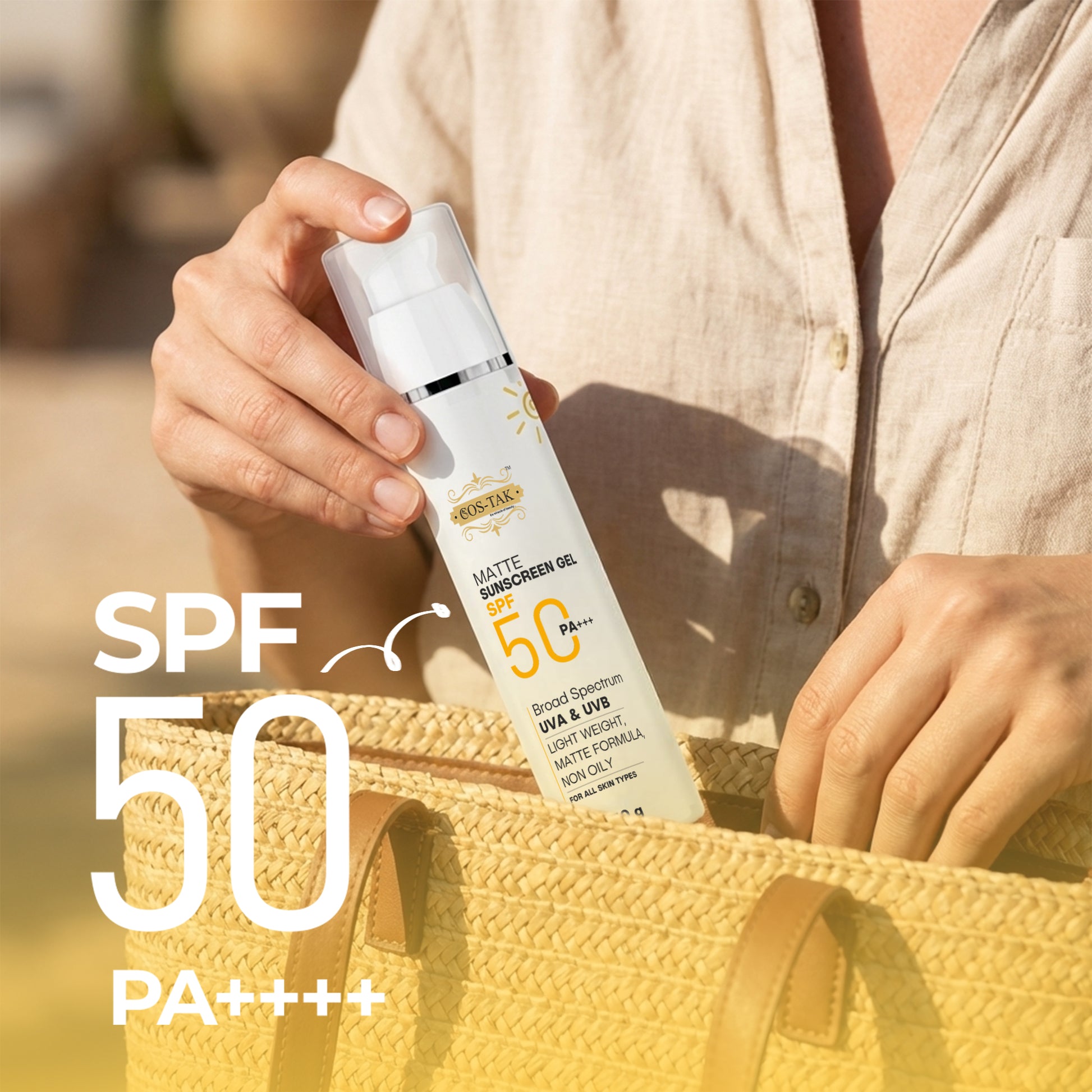 Costak Person holding a sunscreen bottle with SPF 50 and PA++++ text overlay.