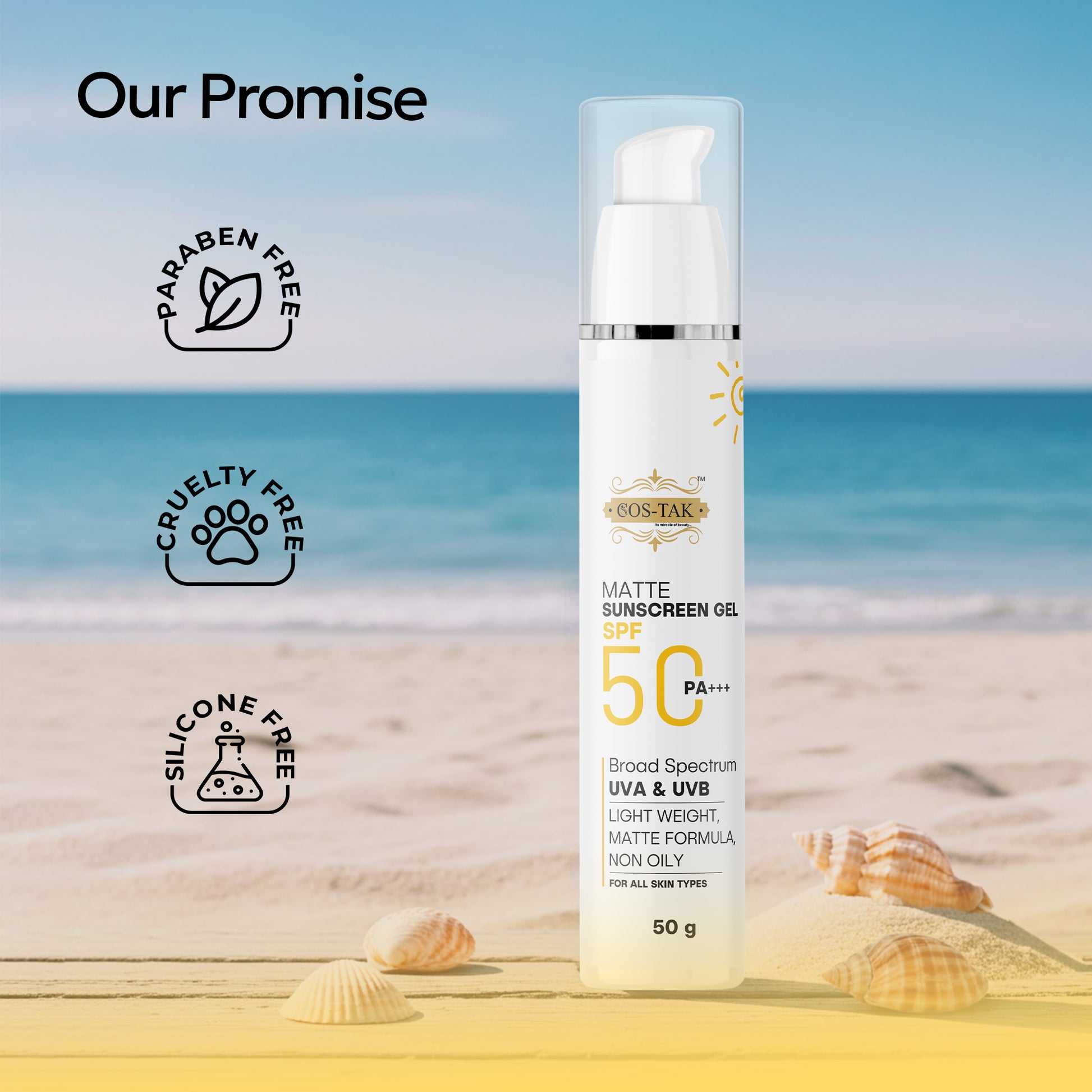 Costak Sunscreen gel bottle with beach background and 'Our Promise' text