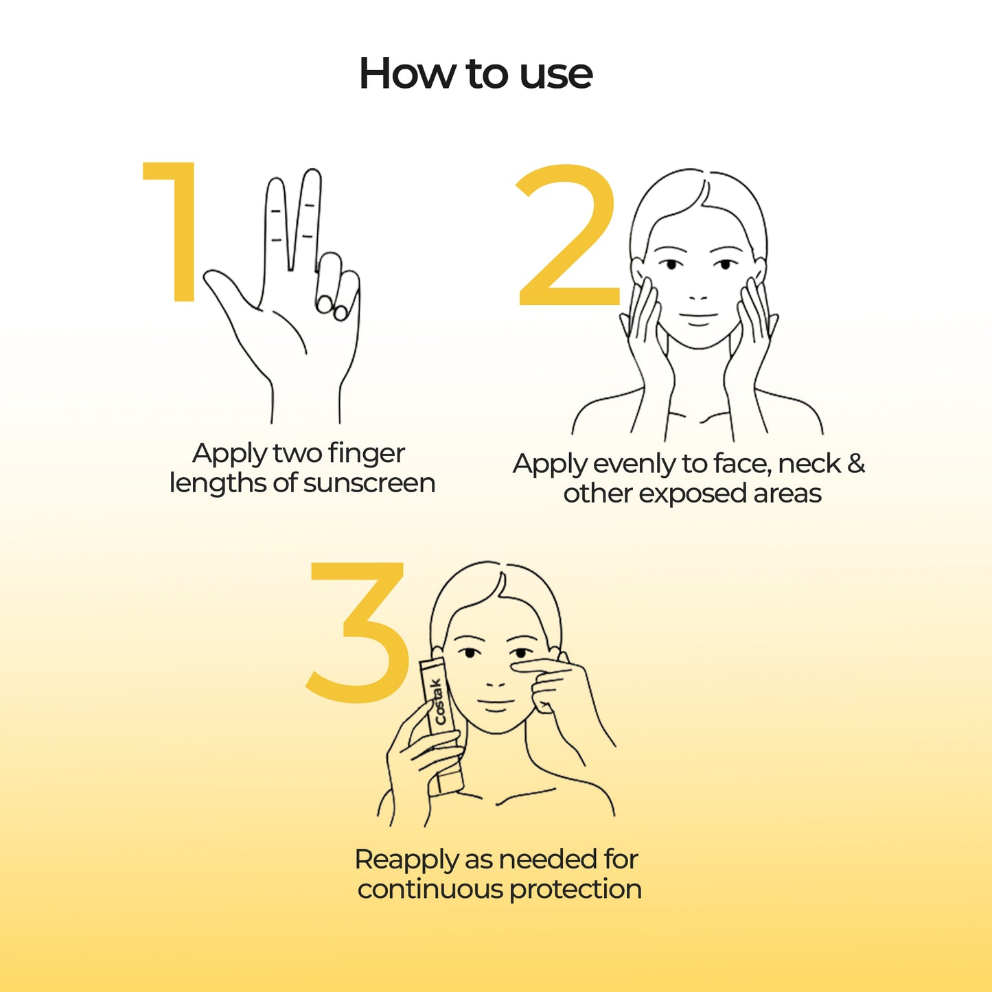 Costak Step-by-step guide on how to use sunscreen with illustrations and text.