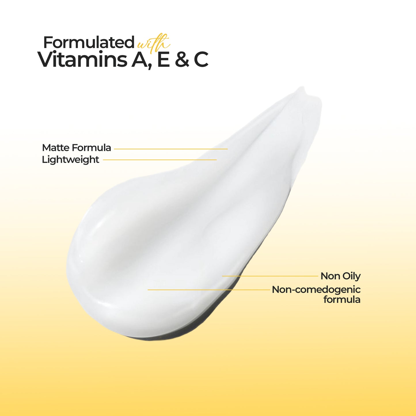 Costak White droplet of cream with text highlighting ingredients and properties on a yellow background