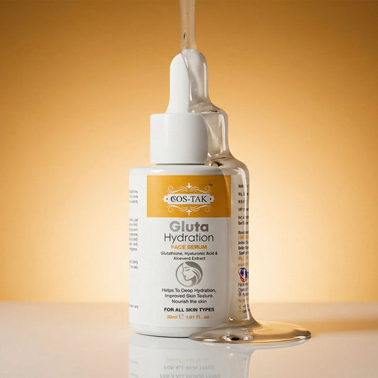 Cos-Tak Gluta Hydration face serum bottle with dropper on a gradient background