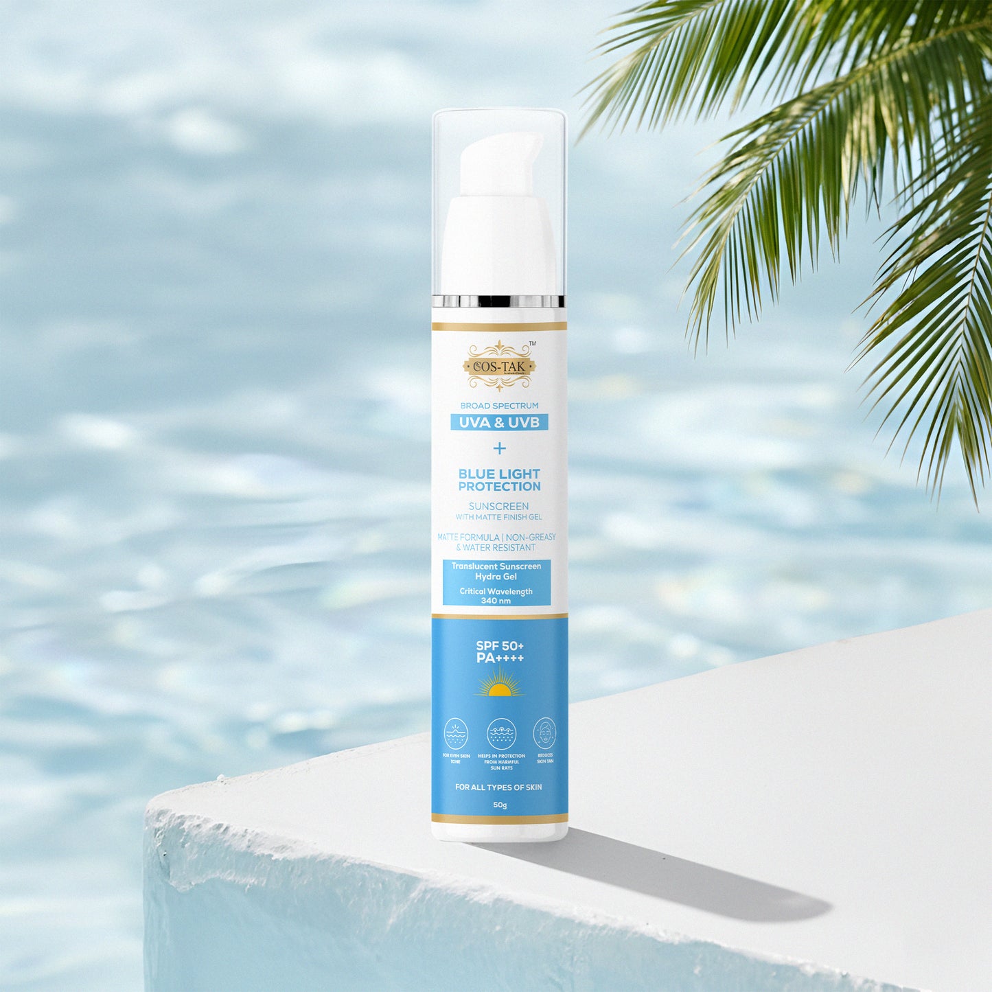 Costak Sunscreen bottle with palm leaves and water in the background
