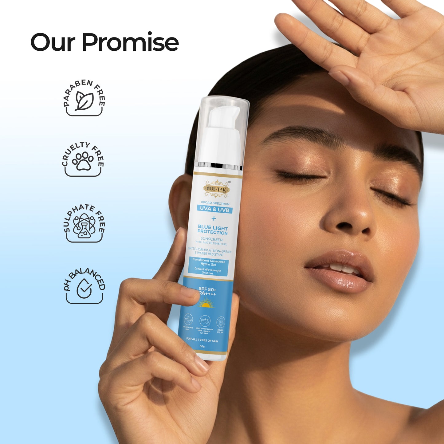 Woman holding a skincare product with 'Our Promise' and safety certification icons on a light blue background