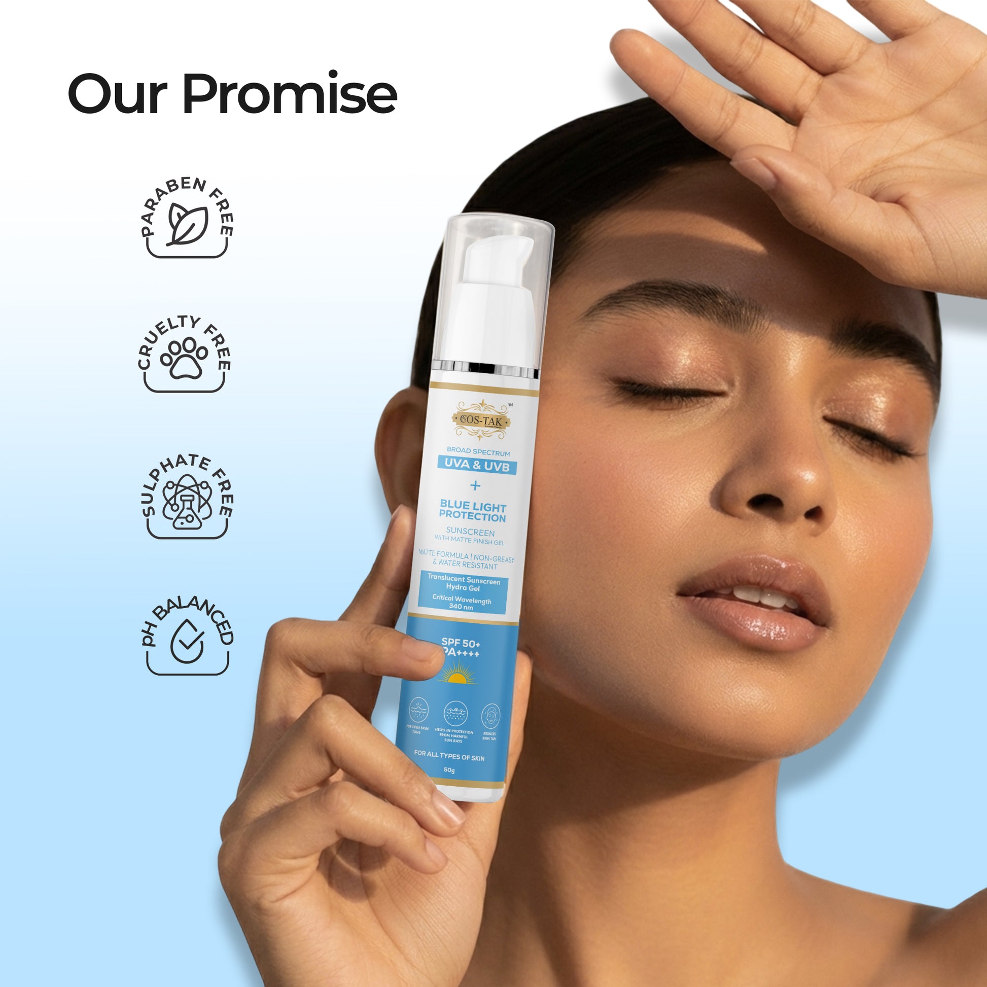 Woman holding a skincare product with 'Our Promise' and safety certification icons on a light blue background