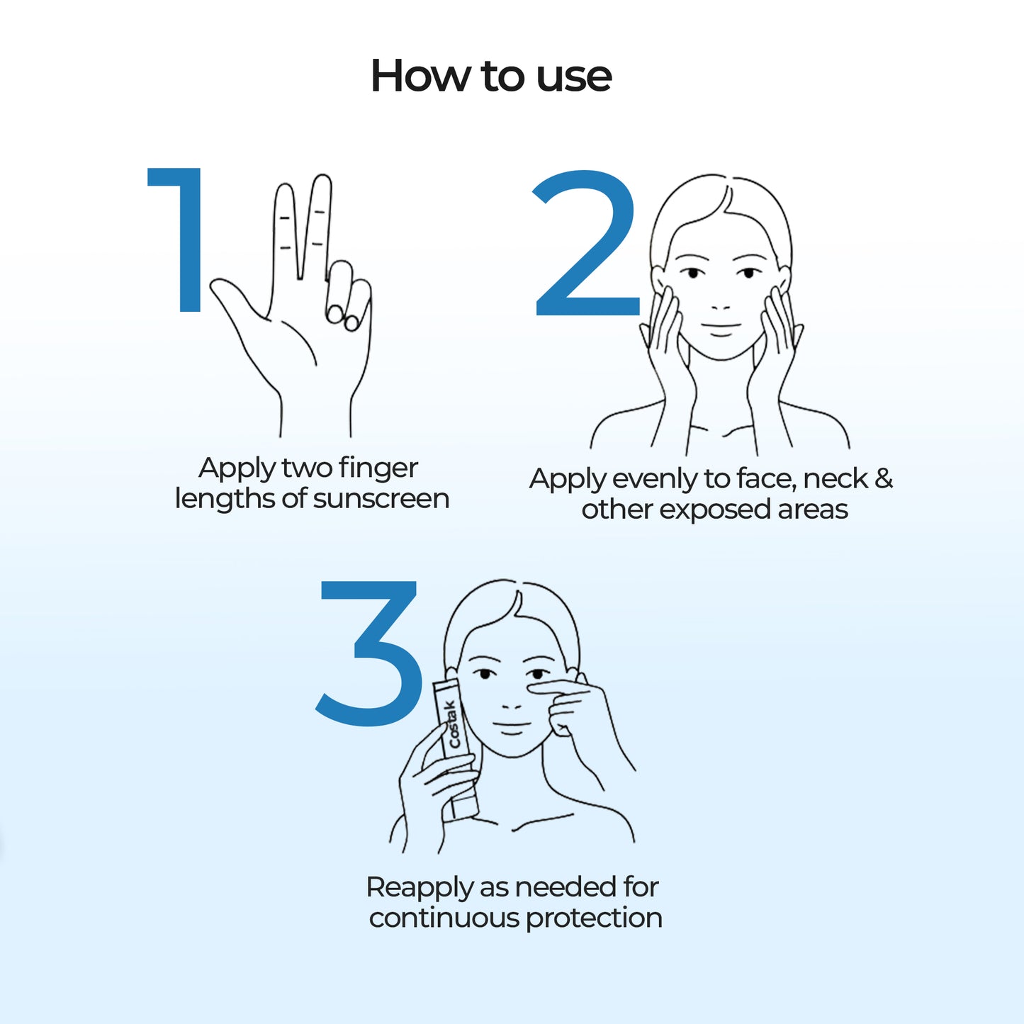Step-by-step guide on how to apply sunscreen with illustrations and text.