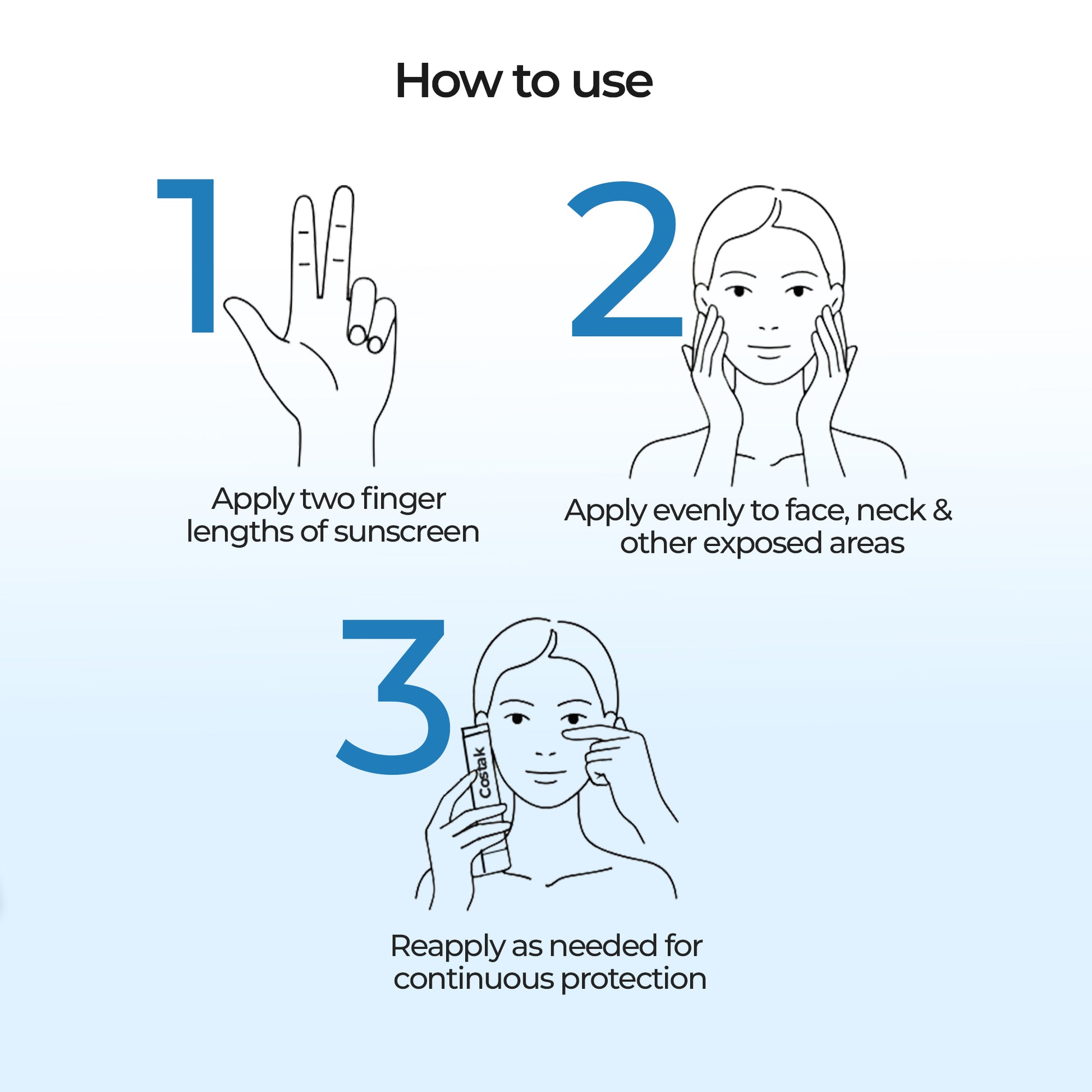 Step-by-step guide on how to apply sunscreen with illustrations and text.