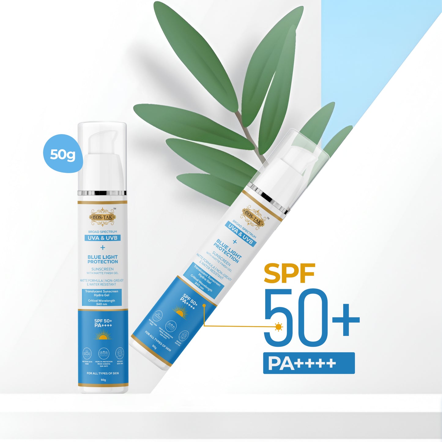 Two skincare products with SPF 50+ and PA++++ on a light background with green leaves.