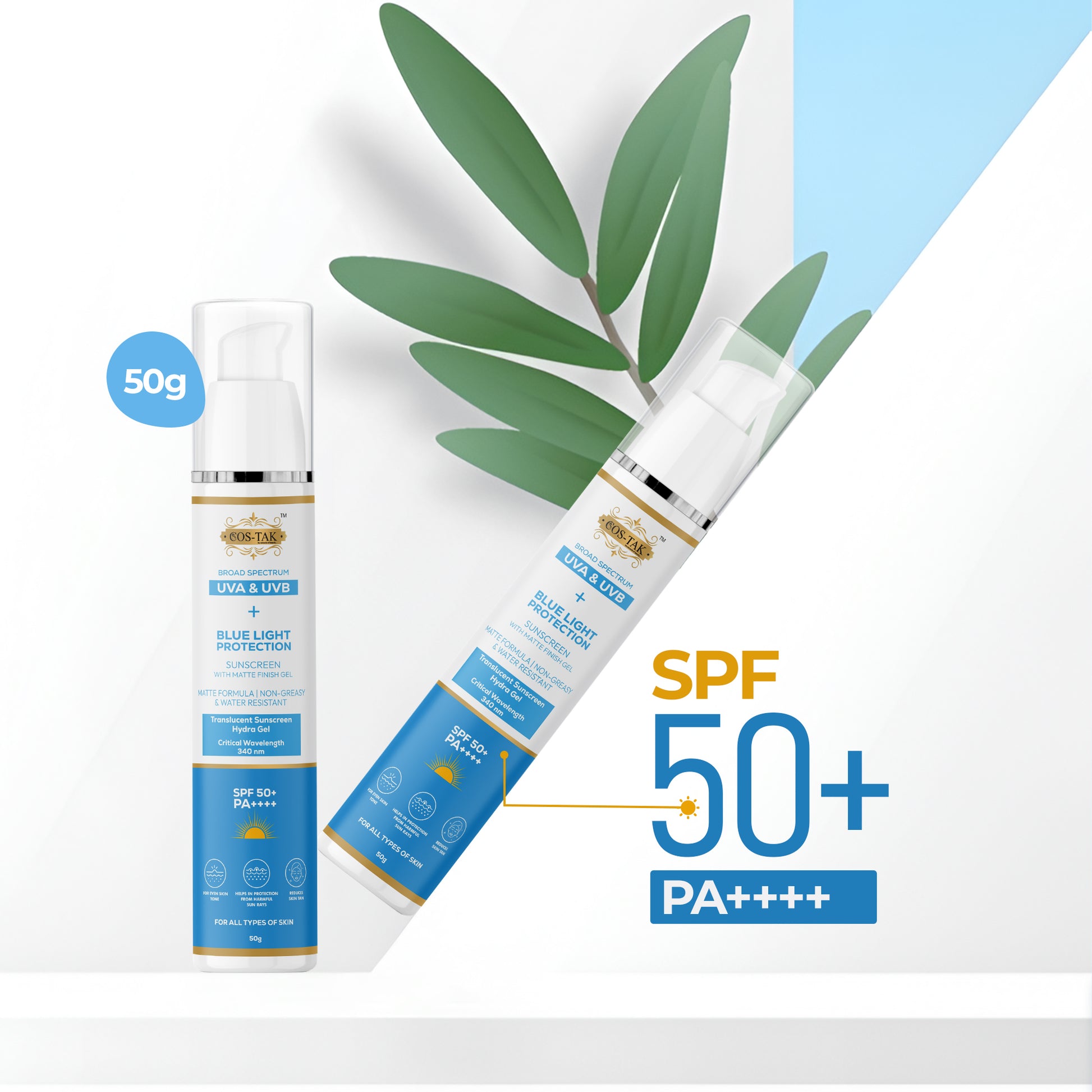 Two skincare products with SPF 50+ and PA++++ on a light background with green leaves.
