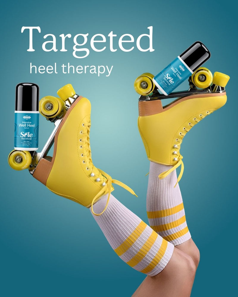 Costak Yellow roller skates with a bottle of cream on a blue background, promoting targeted heel therapy.