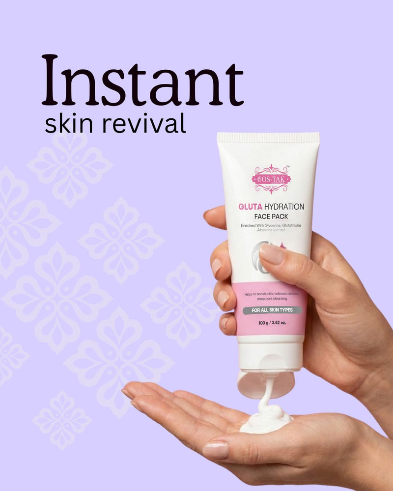 Costak Hand holding a tube of Gluta Hydration Face Pack with 'Instant skin revival' text on a purple background.