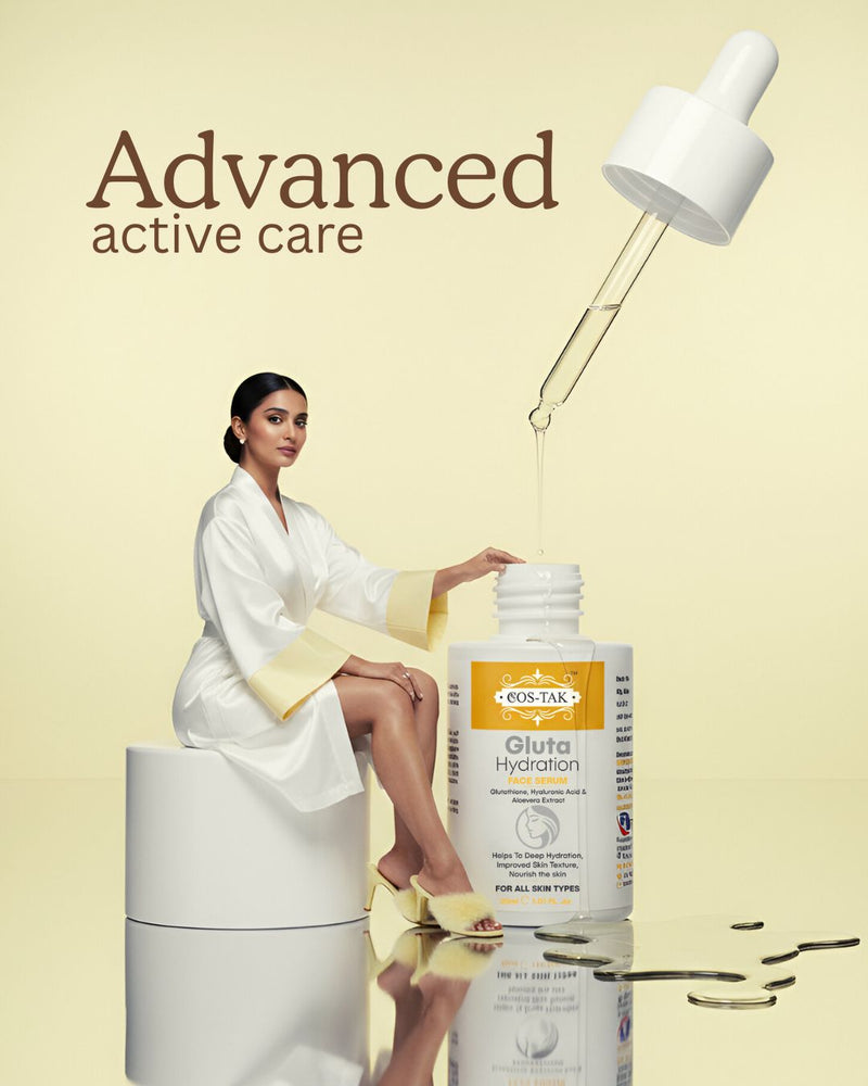 Costak Woman in a bathrobe with a skincare product labeled 'Eco Tan' on a beige background